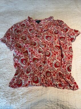 Ralph Lauren Red Floral Ruffle-Trim Button Blouse